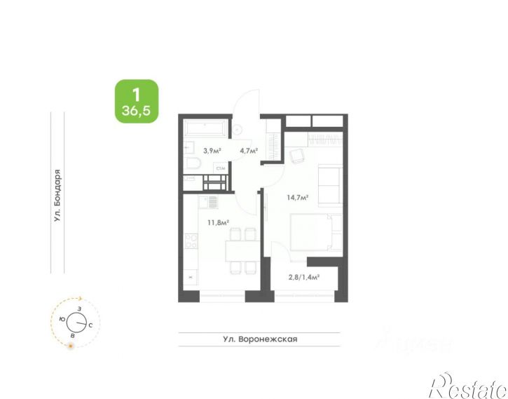 1-комн квартира в новом доме Воронежская улица