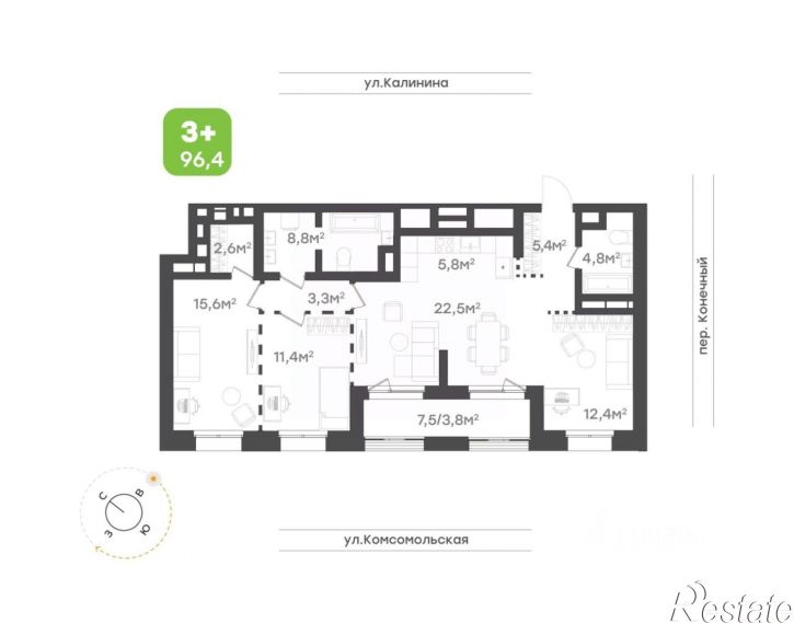 3-комн квартира в новом доме ул Комсомольская, 18а,  д. 18а