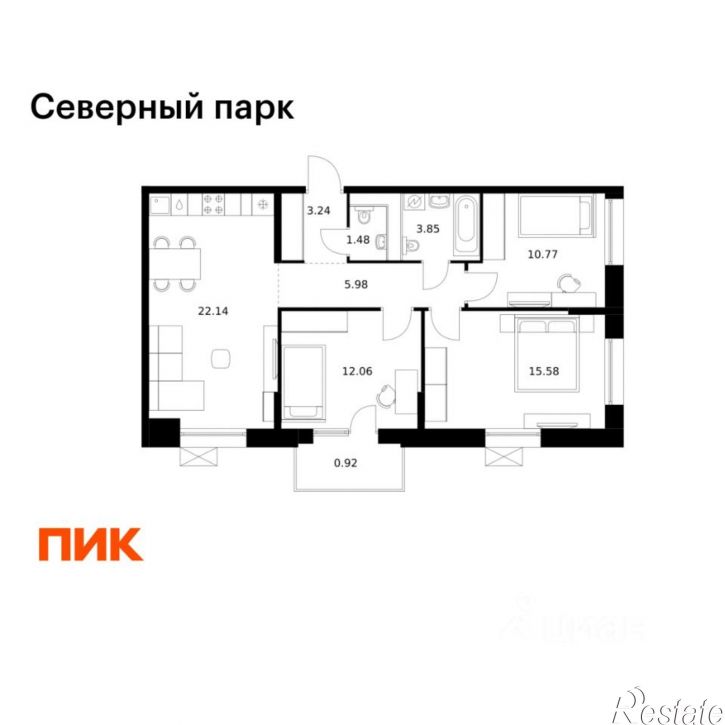 3-комн квартира в новом доме Брянский переулок, 3 к10,  д. 3 к10