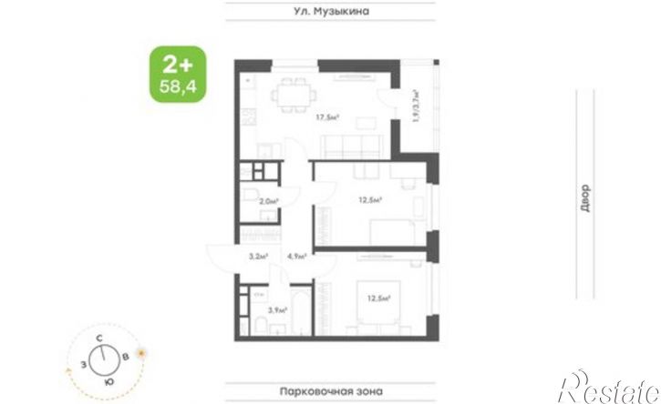 2-комн квартира в новом доме ул Музыкина, 4,  д. 4