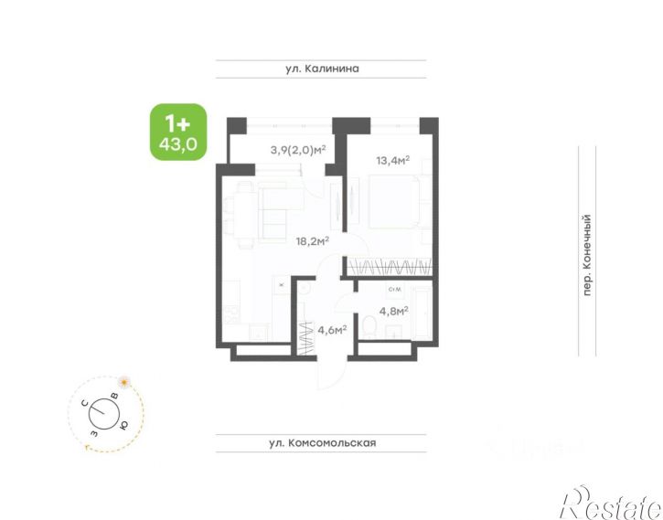 1-комн квартира в новом доме ул Комсомольская, 18а,  д. 18а