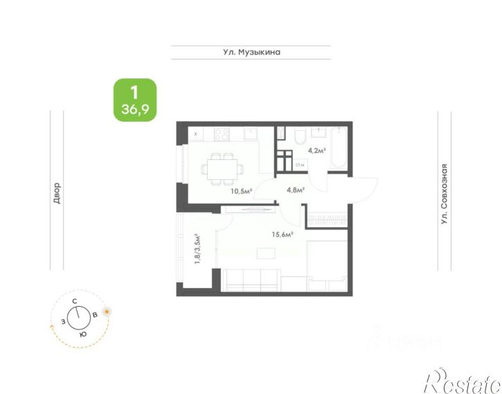 1-комн квартира в новом доме ул Музыкина, 4,  д. 4