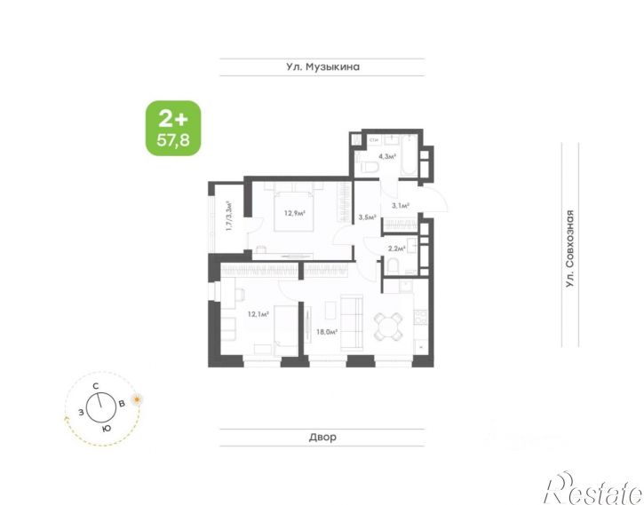 2-комн квартира в новом доме ул Музыкина, 4,  д. 4