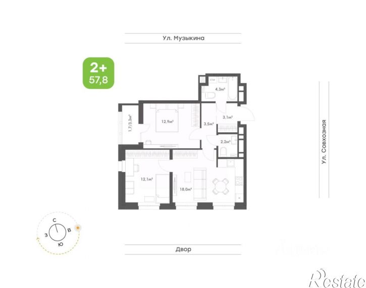 2-комн квартира в новом доме ул Музыкина, 4,  д. 4