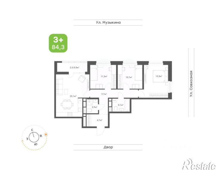 3-комн квартира в новом доме ул Музыкина, 4,  д. 4