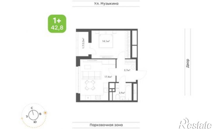 1-комн квартира в новом доме ул Музыкина, 4,  д. 4