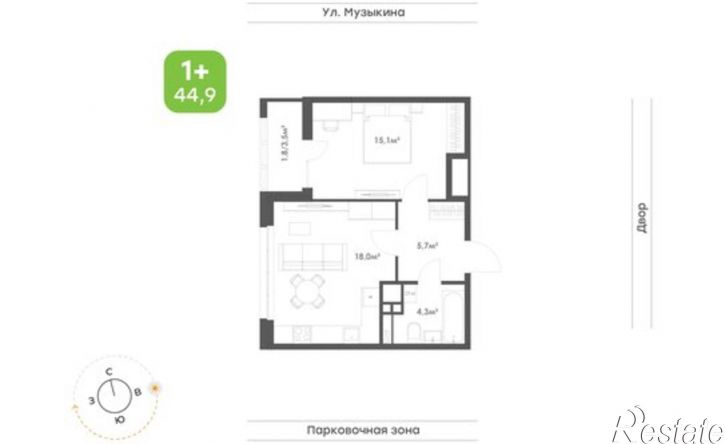 1-комн квартира в новом доме ул Музыкина, 4,  д. 4
