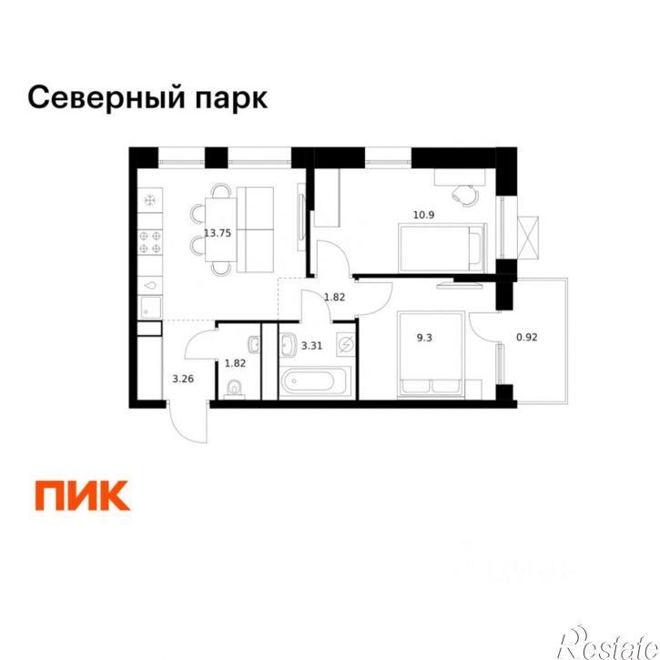 2-комн квартира в новом доме жилой комплекс Северный Парк, 10