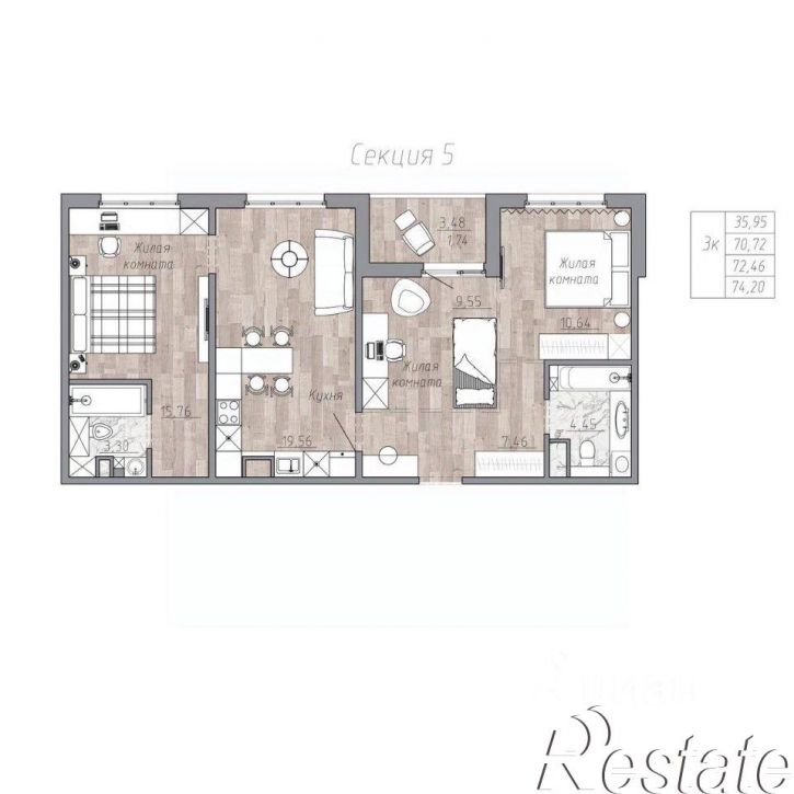 3-комн квартира в новом доме Октябрьская улица, 54 с1,  д. 54 с1