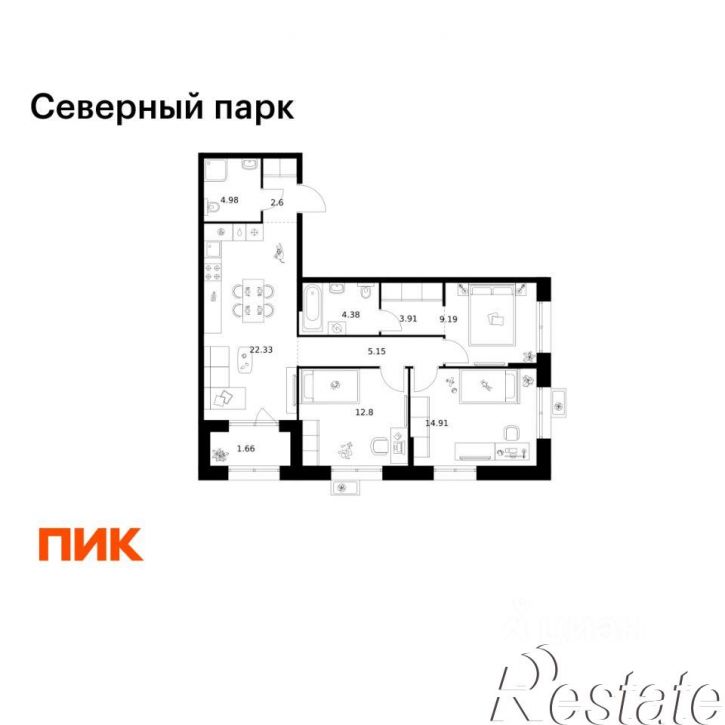 3-комн квартира в новом доме Брянский переулок, 3 к11,  д. 3 к11