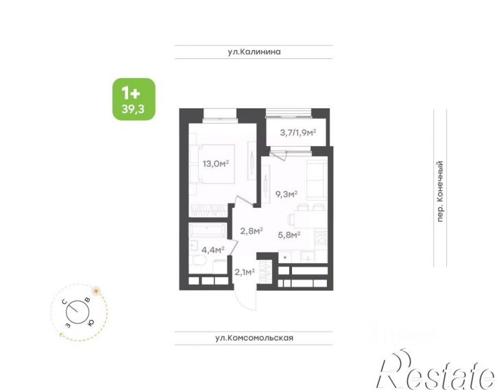 1-комн квартира в новом доме улица Калинина, 3А/4,  д. 3А/4