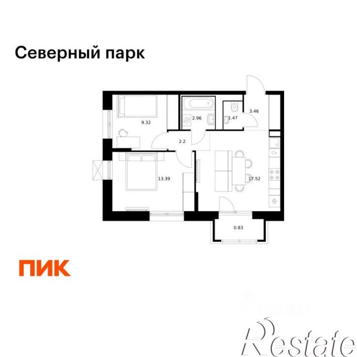 2-комн квартира в новом доме Брянский переулок, 3 к12,  д. 3 к12